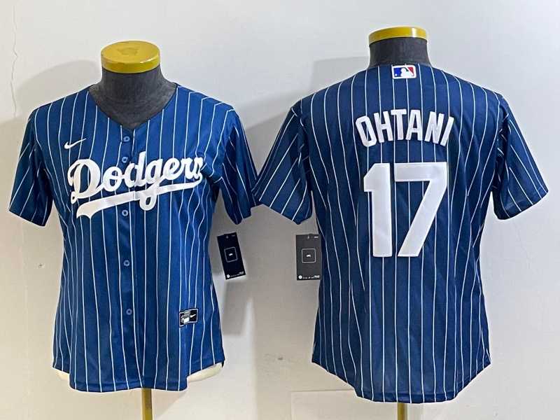 Women%27s Los Angeles Dodgers #17 Shohei Ohtani Red Navy Blue Pinstripe Cool Base Nike Jersey->mlb womens jerseys->MLB Jersey